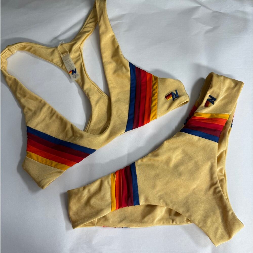 Aviator Nation Bikini Set Gold 5 Stripe Rainbow Retro Cheeky Scrunch S M Small